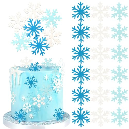 Xsstarmi 60 Pack Edible Snowflakes Cupcake Toppers Rice Paper Snowflakes Cupcake Picks for Winter Frozen Theme Baby Shower Birthday Christmas Party DIY Cake Decorations Supplies Blue White Blue