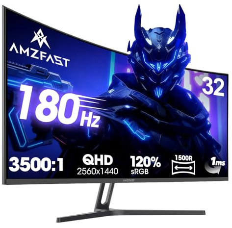 Amzfast 32 Inch 180Hz Gaming Monitor, 2560x1440 WQHD, Fast VA Panel, 1500R Curved,16:9 Game Screen, 120% sRGB, 90% DCI-P3, 1ms MPRT, Adaptive Sync, HDR, Eye-Care, VESA 75 * 75, HDMI/DP - AMZG32C1Q