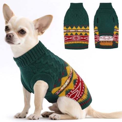 Hjumarayan Fair Isle hundtröja – vinter stickad tröja med hål för sele, stretchig enkel på/av, jultröja för små medelstora hundar (0,9–24,5 kg), varm Shih Tzu-kläder grön M