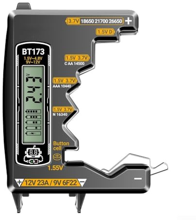 BT173 Testeur de batterie à affichage numérique LED, contrôle de volt, plusieurs tailles pour piles bouton AAA/AA/C/D/CR2016/AG0/14500/16340/10440/9V/12V