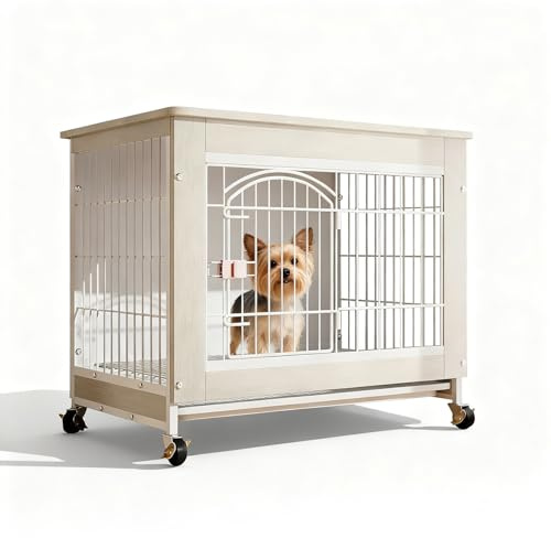 Hundebox für Zuhause, Hölzerne Indoor Hundekäfig, Leise Universalrollen, mit Tablett, für Kleine, Mittelgroße Hunde (Weiß, 65x47x68cm)