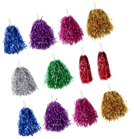 ELAYARD Pompones De Animadora Metálicos Pequeños Mango Cómodo, Juego De 28 Unidades Multicolor (Oro, Rojo, Azul, Verde, Fucsia, Plata, Púrpura) para Eventos Deportivos Escolares, Gimnasia y Baile