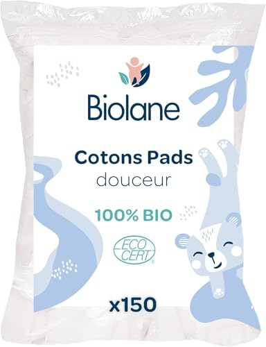 BIOLANE - Cotons pads douceur - Bébé - 100% Bio - 150 Cotons - Peaux sensibles - Change & Toilette - Dès la naissance - Fabriqués en France (Lot de 5)