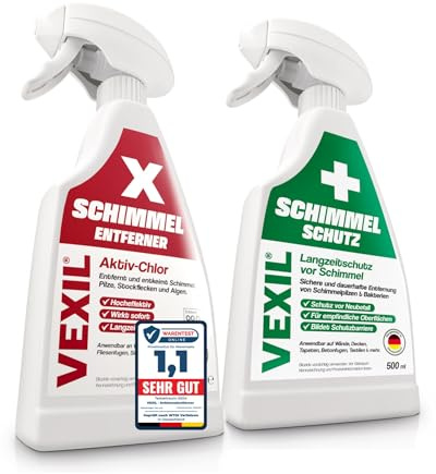 VEXIL Schimmelbekämpfung Duo – Schimmelentferner mit AKTIV-CHLOR + Schimmelschutz Spray – Schimmel entfernen & Neubefall verhindern – Bis zu 18 Monate Langzeitschutz – 2x 500 ml – Made in Germany