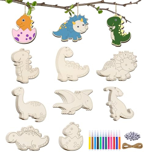 ARTREE Juego de manualidades para niños con diseño de dinosaurios para pintar, 24 colgantes de madera, juego de manualidades con bolígrafos, ojos móviles y cuerda de 10 m, juego creativo para niños