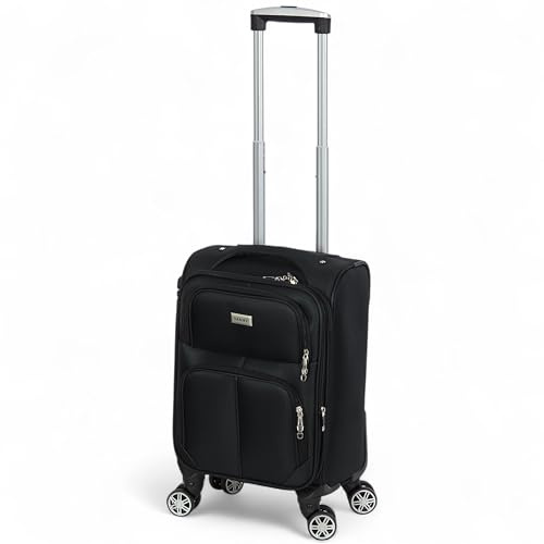 Trolley Semi-Rigido 50x33x23 cm in Poliestere Resistente Espandibile con 4 Ruote Doppie Rimovibili – Valigia Bagaglio a Mano da Cabina per Viaggi Brevi e Weekend (Mod.214-1, Nero)
