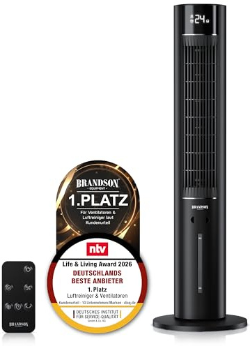 Brandson – Turmventilator mit Wasserkühlung ECO Design - sehr leise - DC Motor - Sieger Ventilatoren und Luftkühler 2026 - Ventilator mit Luftkühler – Oszillation – Fernbedienung