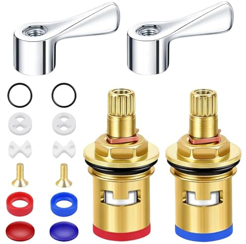 2 Sets Mixer Tap Cartridge Replacements, 1/4 Turn Tap Valve with Seals & Handles, Tap Cartridge Replacement for Single & Double-Handle, Faucet Cartridge for Kitchen, Bathroom and Sink