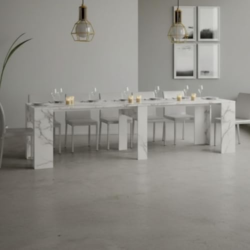 Cybert Tavolo Consolle Allungabile fino a 3 Metri – 12 Posti – Piano MDF – Guide Telescopiche Alluminio – Da Console 50 cm a Tavolo Pranzo 300 cm – tavolo per 12 Persone (Bianco marmo)