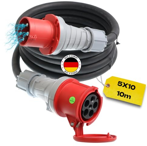 netbote24 Starkstromkabel 63A 10m H07RN-F 5x10 Starkstrom Verlängerungskabel CEE Verlängerung 63 Ampere Kabel 5x10mm2 Baustelle Werkstatt Industrie Geeignet Outdoor IP44 Spritzwassergeschütz