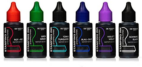 Octopus Stempeltinten 30 ml für Stempelkissen und Selbstfärber ohne Öl, Set mit Schwarz, Blau, Grün, Rot, Violett, Türkis