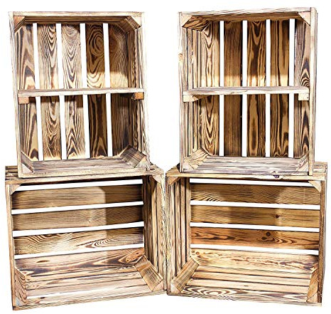 Vintage-Möbel24 GmbH DIY Set (4 Kisten) Gemischtes Paket Flambierte Holzkisten-Weinkisten/Regal aus geflammten Obstkisten mit Zwischenboden -quer-