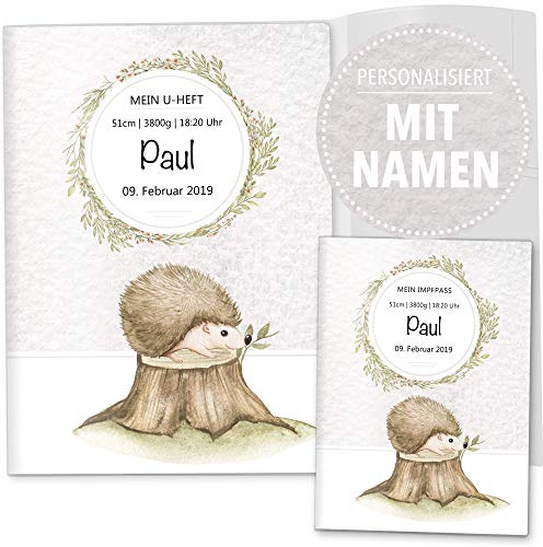 OLGS U-Heft Hüllen 3-teilig Set | Baby Tiere | Hochwertige Hüllen für Kinder Untersuchungsheft & Impfpass | Geschenkidee personalisierbar mit Namen, Geburtsdatum (Uhefthülle Set personalisiert, Igel)