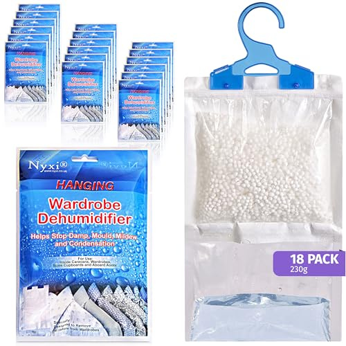 Nyxi Set of 18 Hanging Interior Wardrobe Dehumidifier - 230g Each Bag - Ideal to stop damp, mould mildew & condensation- For Wardrobe, Home, Kitchen, Garage, Bedroom, Caravan, Office, Basement etc