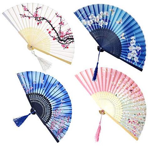 BEHAHAI 4 Pack Folding Fans, Handheld Bamboo Silk Fabric Folding Hand Fans with Tassel Wooden Chinese/Japanese Folding Hand Held Fans for Women Wedding Party Wall Decoration