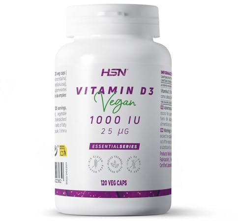 HSN Vitamina D3 Vegana 1000 IU | 120 Cápsulas Vegetales | 25mcg Colecalciferol procedente del Liquen para 4 Meses de Suministro | Apto para Dietas Vegetarianas y Veganas | No-GMO, Sin Gluten