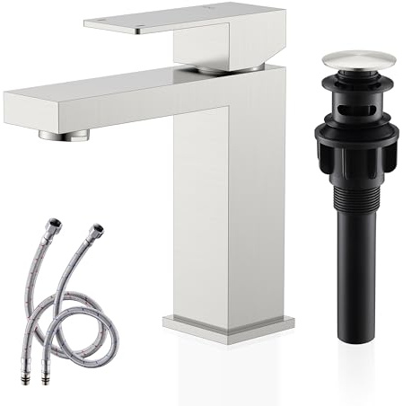 KENES Single Handle Bathroom Sink Faucet, Brushed Nickel Vanity Faucet for Bathroom Sink, with Pop Up Drain Stopper & Water Supply Lines LJ-9031