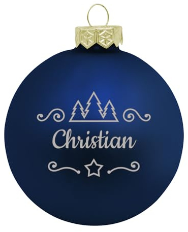 Deitert Weihnachtskugel mit Namen oder Wunschtext graviert, Ø 8cm, personalisierte Christbaumkugel aus Glas (matt), individueller Weihnachtsbaumschmuck mit Gravur, Tannen-Motiv, Blau