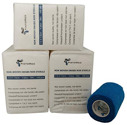 PintoMed - Pack 3 x Compressa in TNT - Tamponi di garza di cotone - Non Sterile, 4 ply, 7,5cm x 7,5cm, Pack 100 x 3 = 300 unità. Offrire 1 rotolo di benda coesiva 7,5cm x 4,5m