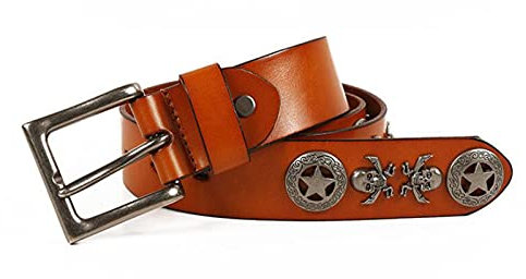 DFGGE Totenkopf Studded Nieten Herren Leder Gürtel mit silberfarbener Dornschließe im Jahrgang Nietengürtel Jeansgürtel Vollrindleder,Braun,115cm(38~40)