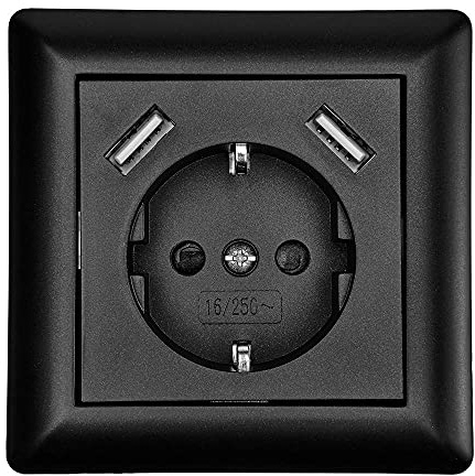Schutzkontakt-Steckdose mit 2 x USB-Anschluss Typ A + A 2800mA Schwarz Schuko Steckdose Unterputz Wandsteckdose Ladegerät