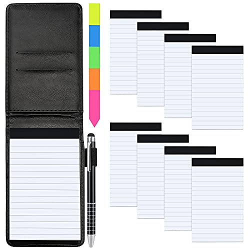 Meetory Mini Notizblock A7 Set 11 Stück, Mini Notizbuch mit 8 Ersatzblöcke, PU Leder Schwarzer Einband mit Mini Kugelschreiber, Taschennotizblock für Aktivitäten im Freien