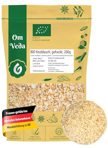 BIO Knoblauchgranulat 200g | Premium Bio Knoblauch getrocknet für Kochen, Dips, Aioli, Soßen, Marinaden | Ohne Zusatzstoffe | Vegan, glutenfrei | Granulierter Knoblauch für Gewürze & BBQ | OmVeda
