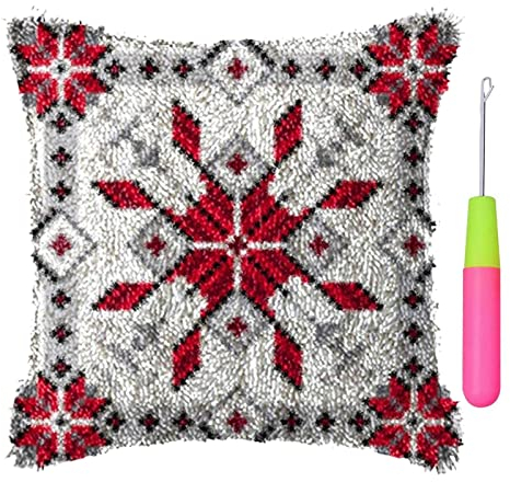 Basketballkorb Weihnachten Kissenbezug Zum Selber Knüpfen Erwachsene, DIY Knüpfkissen Knüpfset mit Bedruckter Leinwand & Häkelnadel (Color : Red Grey Gird)