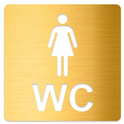 3D WC Schild, Metall-Optik, Hochglanz/Matt, selbstklebend, Damen, Herren, Türschild, Hinweisschild, Toilette, Acryl/Holz (Damen, Gold (gebürstet))