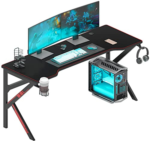 DlandHome Mesa ergonómica para Videojuegos, 160 cm, Mesa Grande para PC, con Alfombrilla Grande para ratón, Mesa de Ordenador con Soporte para Bebidas y Gancho para Auriculares