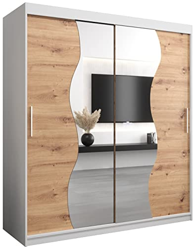 KRYSPOL Schwebetürenschrank Madryt 180 cm mit Spiegel Kleiderschrank mit Kleiderstange und Einlegeboden Schlafzimmer- Wohnzimmerschrank Schiebetüren Modern Design (Weiß + Artisan Eiche)