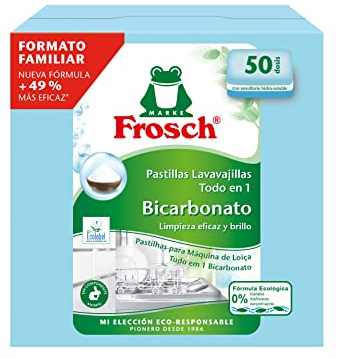 Frosch - Pastillas Lavavajillas a Máquina Todo en 1 con Bicarbonato, Limpieza y Brillo, Sin Componente Animal, Ni Fosfatos, Ni Fosfonatos - 50 Dosis, 0.2 kg