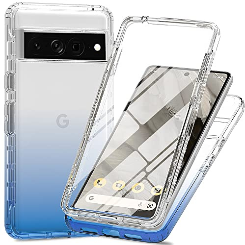 RonRun Hülle für Google Pixel 7 Pro mit Displayschutz, 360° Grad vollschutz Stoßfest Handyhülle Transparent Silikon Bumper Cover für Hülle für Google Pixel 7 Pro - Blau