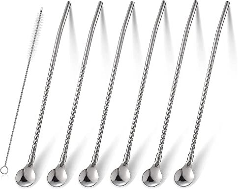 KOMUNJ 6 Stück Edelstahl Trinkhalm Trinkhalmlöffel lang Löffelstrohhalme Wiederverwendbare Löffelhalme Metalllöffel mit 1 Stück Strohhalm Reinigungsbürste