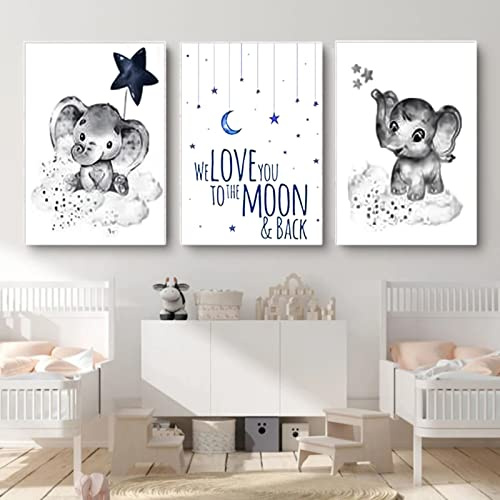 3er Set Poster Niedliches Tier, Baby-Elefant Grau Bilder Kinderzimmer Deko Junge Mädchen Babyzimmer Kinderbilder (A,40x50cm)
