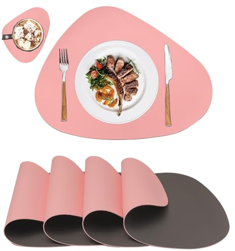 Platzsets Platzdeckchen Abwaschbar Rund,Tischsets rutschfest,Teller Untersetzer Rund,Tischset Lederoptik,Doppelseitigen Platzset und Untersetzer Teller 4er Set Oval(Rosa&Grau)