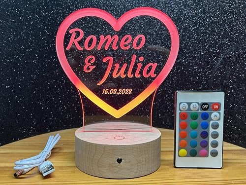 jovalus Personalisierte Lampe Paare, Herz LED Leuchte mit Gravur, Geschenk Hochzeit Jahrestag Valentinstag, 3 Zeilen & Datum wählbar, 7 Farben, Handgefertigt in DE