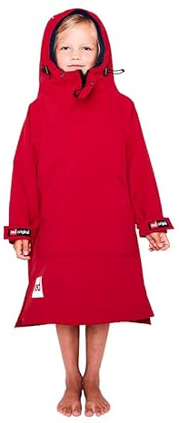 Red Original Kids Waterproof Dry Change Poncho - Sherpa-fleece Lined, Adjustable Sleeves, Recycled Material, B Corp Certified (Red, Age 4-9 Years)