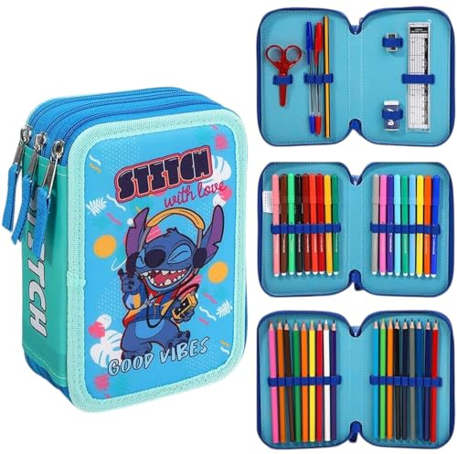 Disney Stitch Federmäppchen mit 3 Ebenen, großes Federmäppchen, mehrere Fächer, Schulbedarf, Schreibwaren, Buntstifte, Bleistift-Sets, mehrfarbig, Stitch Federmäppchen mit 3 Ebenen, groß, 1004E-2151