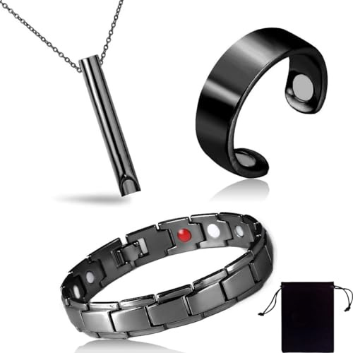KSJEHW 3 Piezas Pulsera de Terapia magnética para Hombres, Anillos, Collares de respiración, de Acero de Titanio, para aliviar el Dolor de la Artritis, Pulsera magnética de curación(Negro)