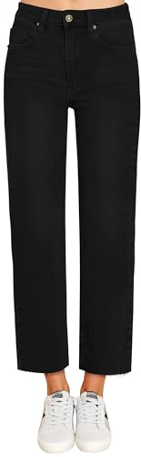 KDF Women's Cropped Straight Leg Jeans - High Waisted Jeans for Women 7/8 Length Denim Pants with Crop Hem Black Size 4