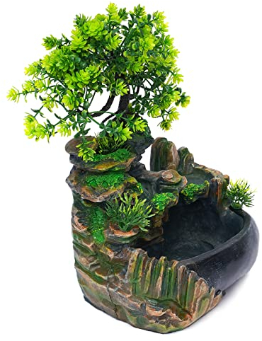 Zimmerbrunnen Wohnzimmer Wasserfall Tischbrunnen LED Desktop Bonsai Ornamente Grüne Pflanze Stream Zen Meditation Indoor für Home Office Schlafzimmer Schreibtisch Dekoration
