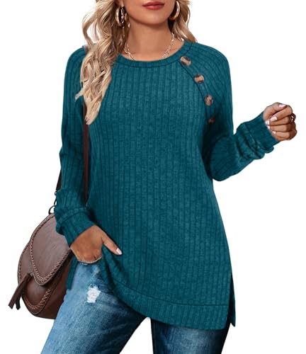 Aokosor Long Sleeve Tops Women Oversized Jumpers Fashion 2025 Ladies Side Splits Tunic Turquoise Size 22-24
