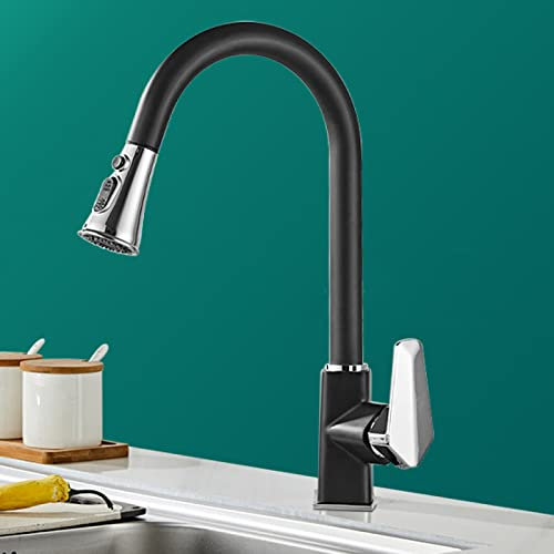 Ausziehbarer Küchen-Mischbatterie, 2 Sprühmodi, Heiß- und Kaltwasserhahn, einstufiger Messing-Küchenwaschbecken-Wasserhahn mit herunterziehbarer Brause, Küchenarmaturen mit einem Griff, Schwarz +