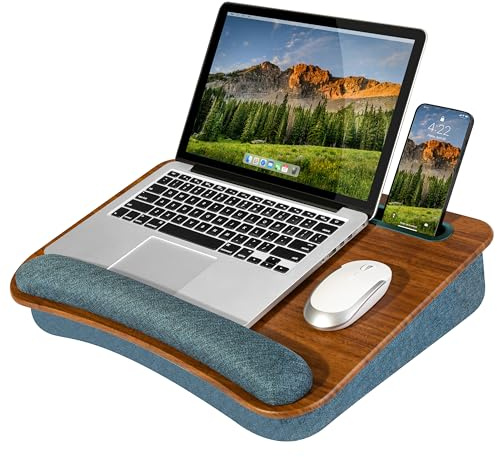 LAPGEAR Tragbarer Laptop-Schreibtisch mit Kissenkissen, Anti-Rutsch-Streifen, Tablet- oder Handy-Aufbewahrungsfach, Stift- und Bleistifttasche und Handgelenkauflage, Espresso-Holzmaserung, passend für