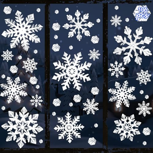 Extra Große Schneeflocken Fensterbilder,106 Stück Wiederverwendbare Statische Klebefolien für Glas, Leicht zu Entfernen Winter Wonderland Weihnachtsdekoration für Fenster Zuhause Büro