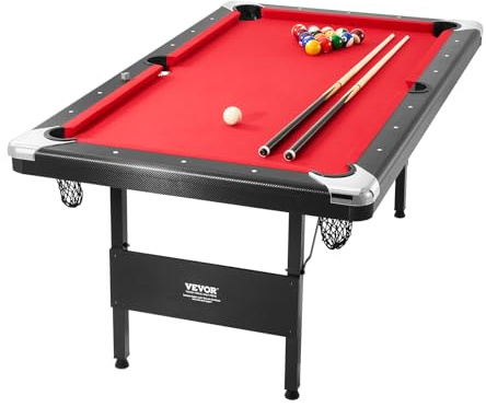 VEVOR Tavolo da Biliardo 1,9 m, Tavolo Portatile e Pieghevole, Set da Biliardo con Palline, Stecche, Gesso, Nero con Panno Rosso, Perfetto per la Sala Giochi della Famiglia, Bambini e Adulti
