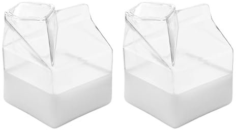 Bricco per Latte in Vetro 350ml, 2 pezzi Bicchiere di Latte in Vetro a forma di Casa, Bicchieri da Cocktail Caraffa Latte Bicchieri Quadrati Vetro Riutilizzabile per Latte Caffè Limonata Succo Bevande