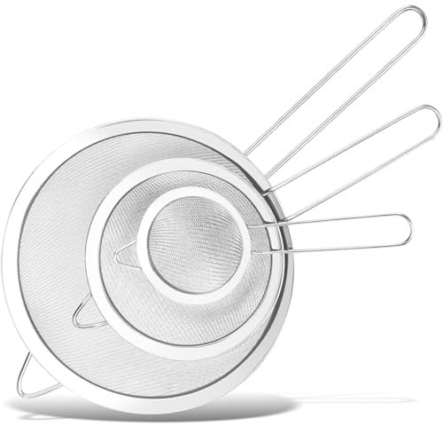 3 Coladores de Malla Fina con Mango de Acero Inoxidable de 22/27,5/35 cm de Diámetro, GeeRic Filtro duradero para Escurrir Pasta, Frutas, Verduras y Postres, Así como para Tamizar Harina