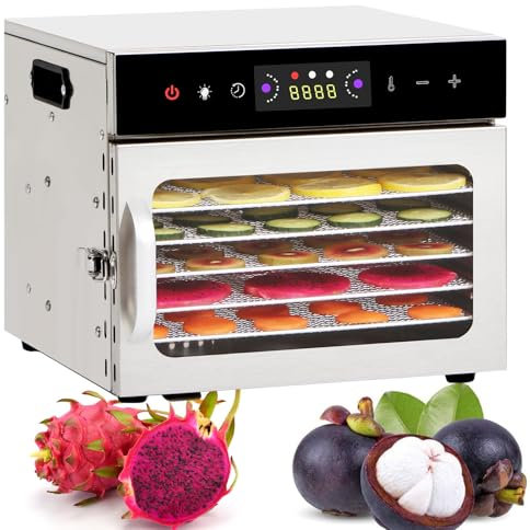 vnmudzeo 400 W Essiccatore Elettrico per Alimenti Commerciale, Temperatura Regolata 95-194 ℉, 6/8 Strati Macchina per Disidratazione della Frutta Domestica in Acciaio Inossidabile,6Layers-220V